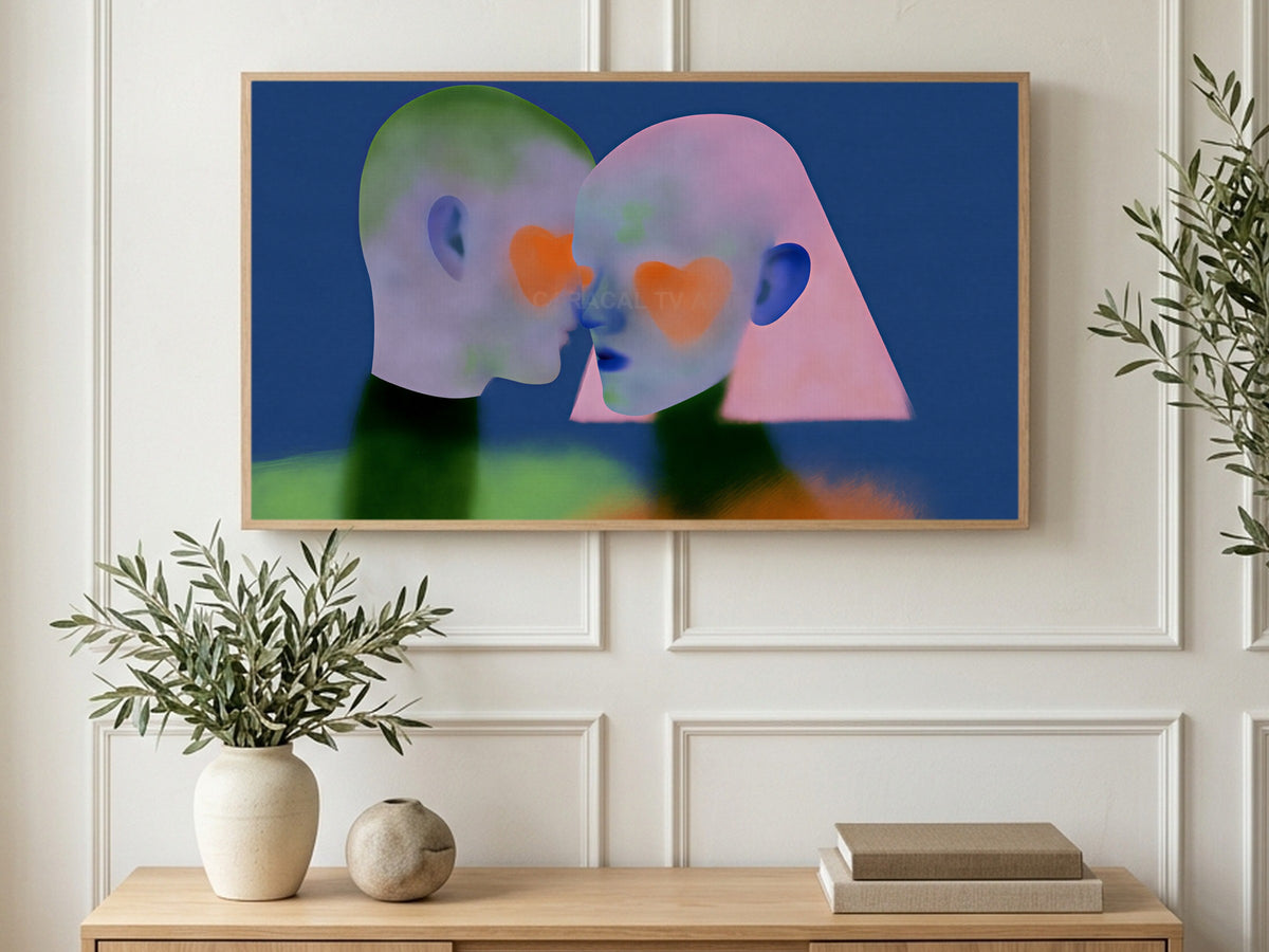 Heart Cheek Faces art on a TV in a living room