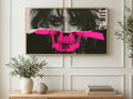 Pink Skull Punk Portrait art on a TV in a living room