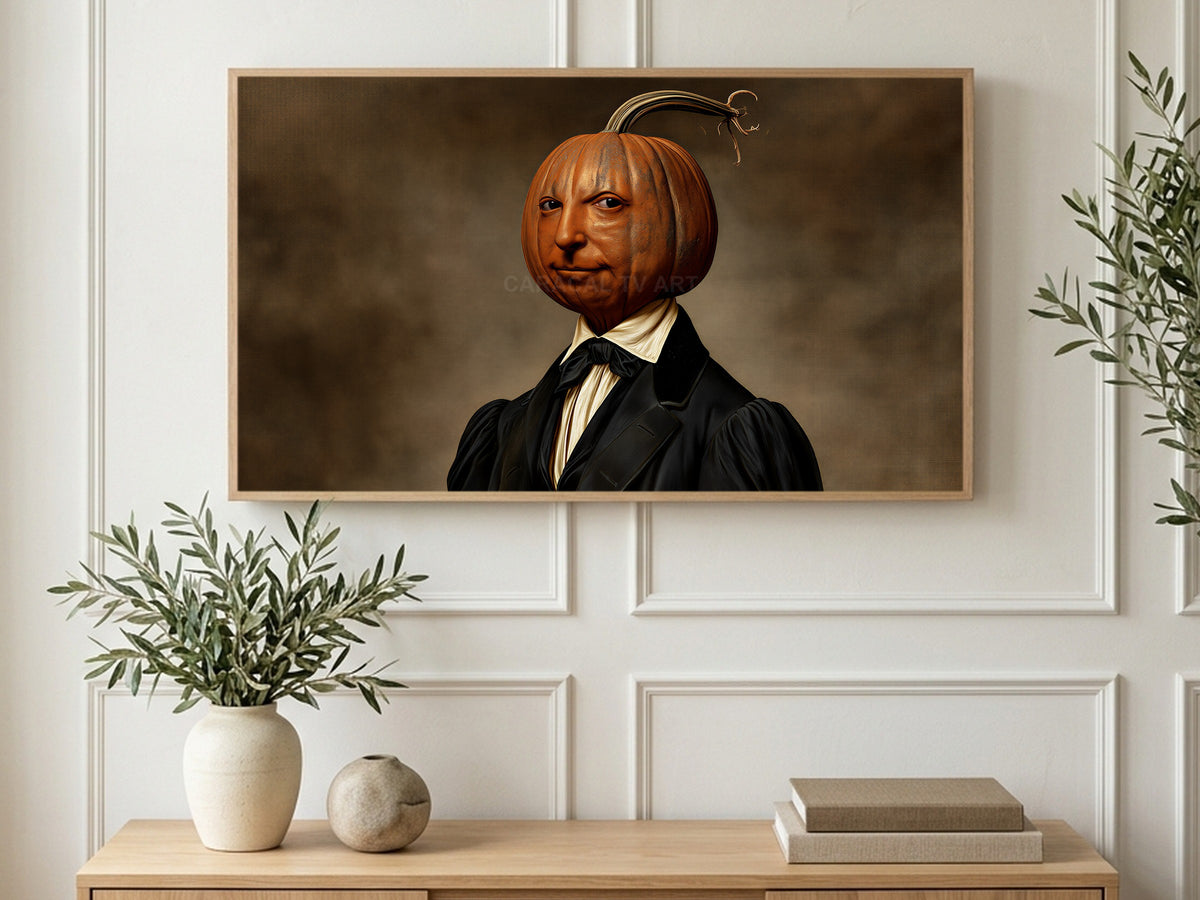 Pumpkin Head Gentleman art on a TV in a living room