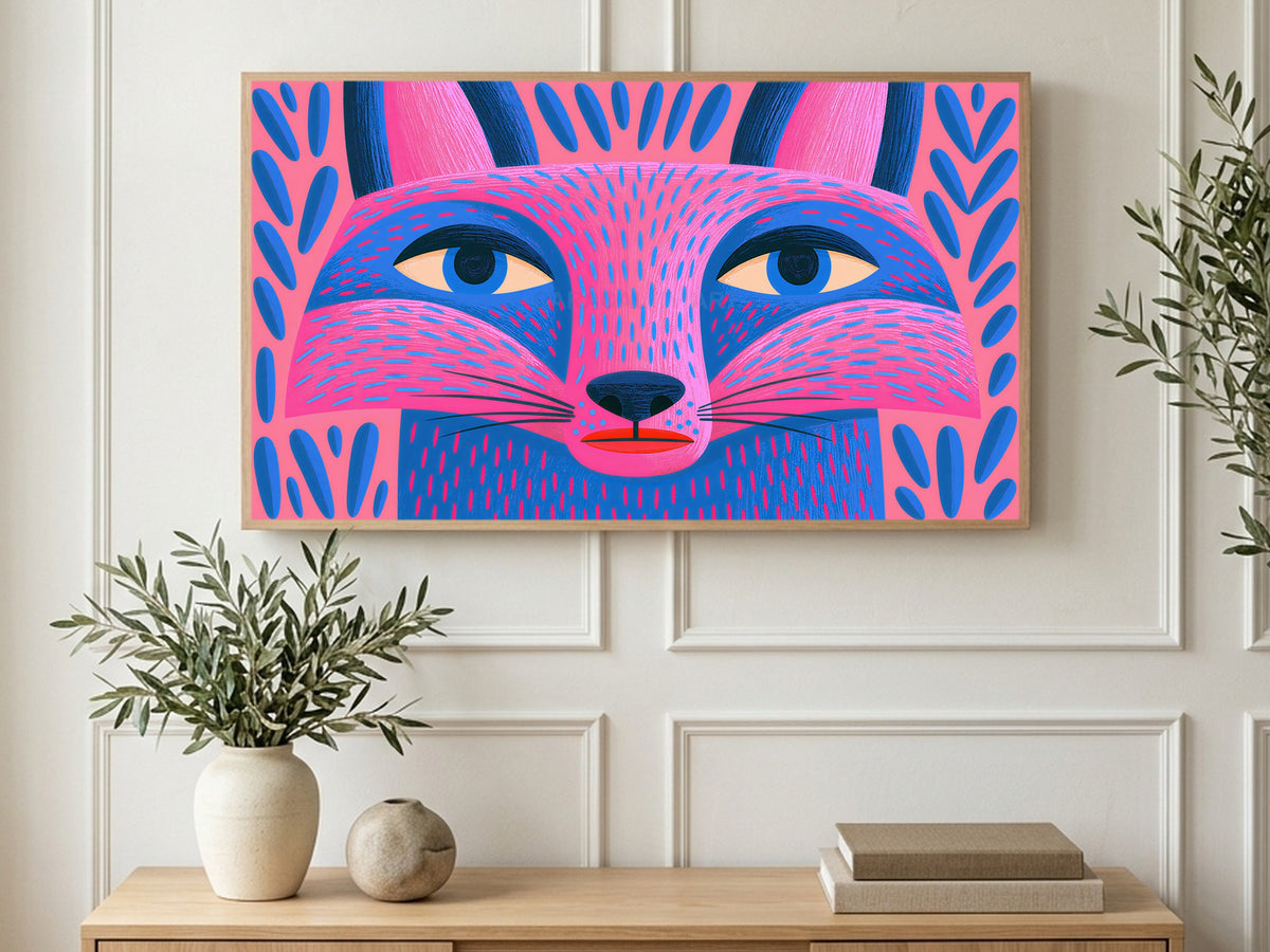 Dotted Folk Fox art on a TV in a living room