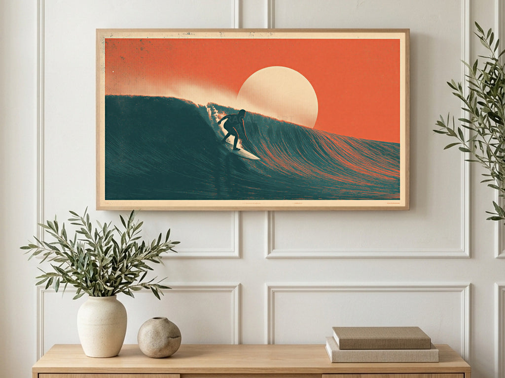 Teal Wave Surfer art on a TV in a living room