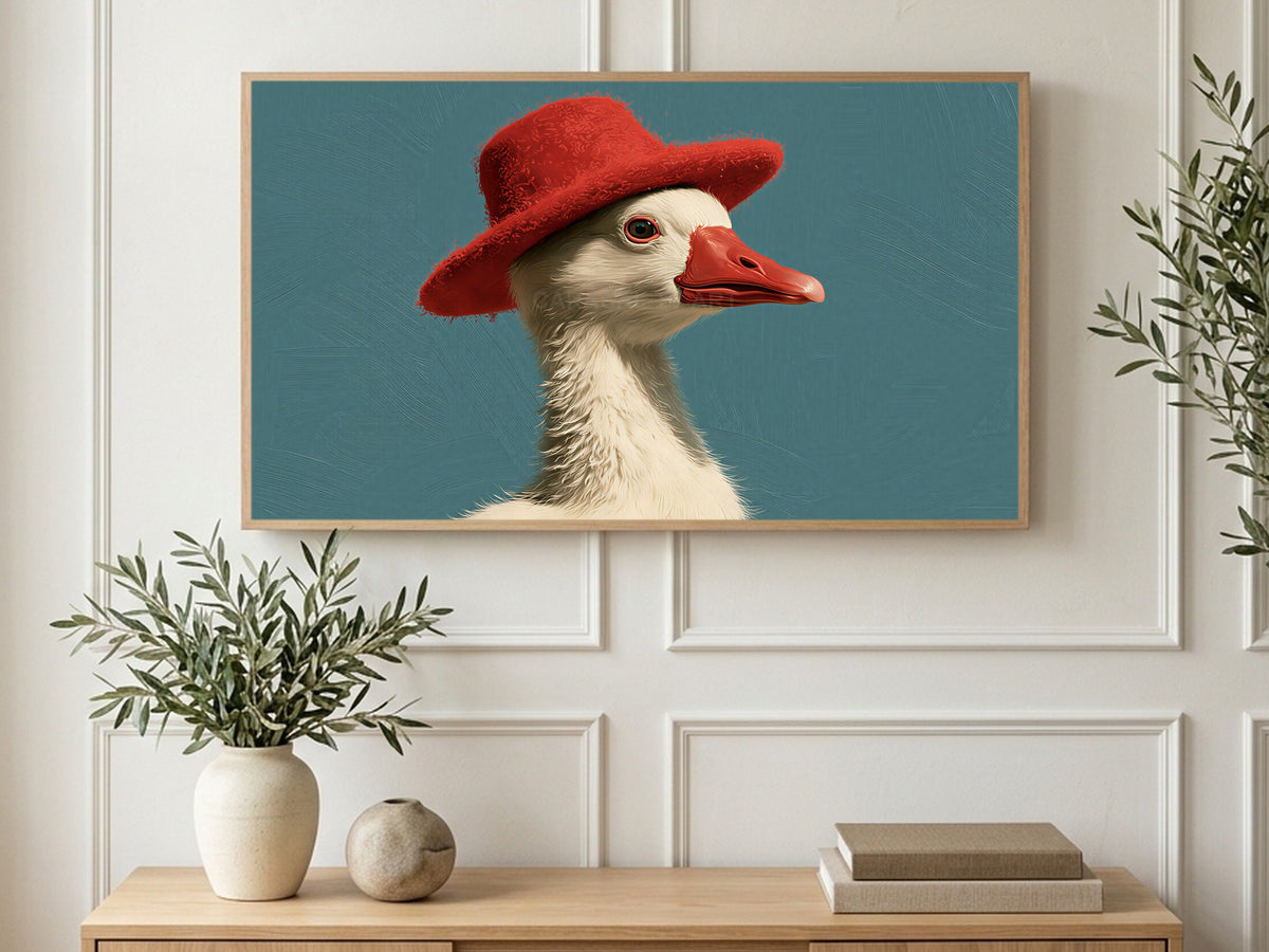 Red Hat Duck art on a TV in a living room