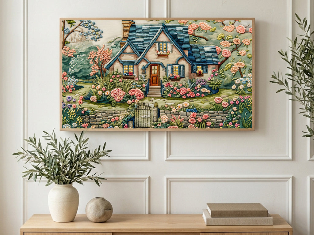 Stitched Rose Cottage art on a TV in a living room