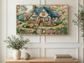 Stitched Rose Cottage art on a TV in a living room
