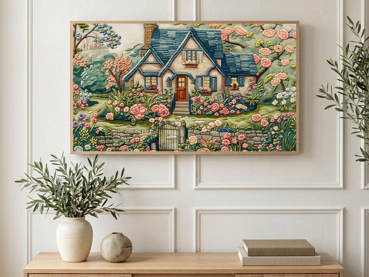 Stitched Rose Cottage art on a TV in a living room