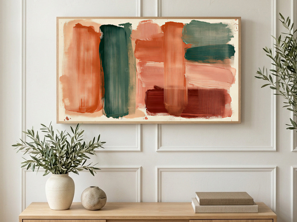 Earthy Brushstroke Blocks art on a TV in a living room
