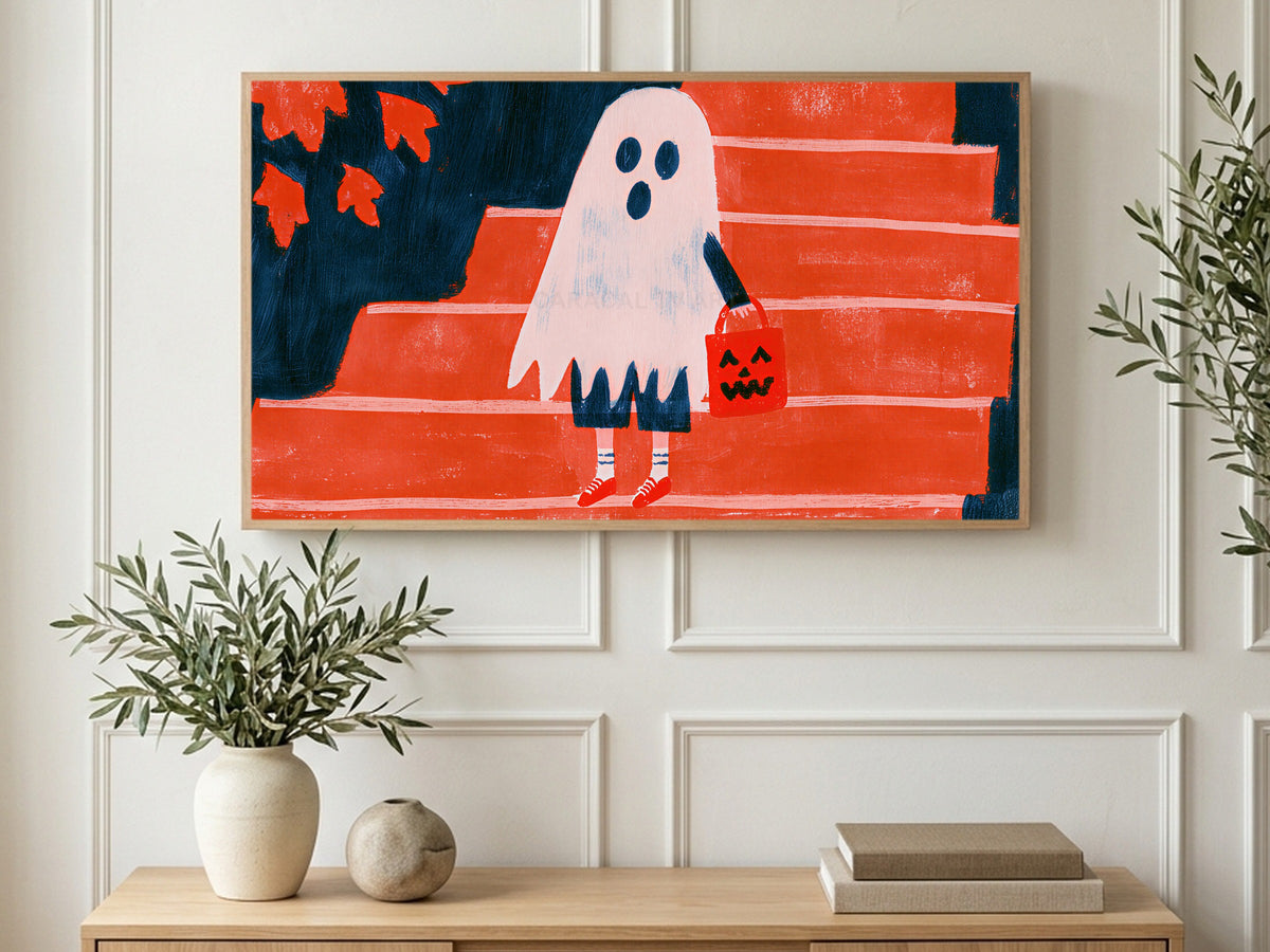 Red Sneaker Ghost art on a TV in a living room