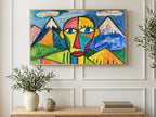 Color Block Mountain Face art on a TV in a living room