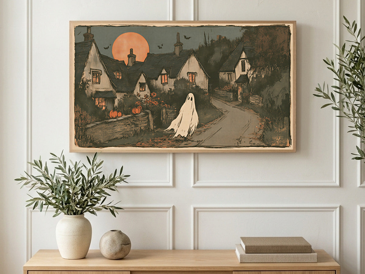 Moonlit Village Ghost art on a TV in a living room