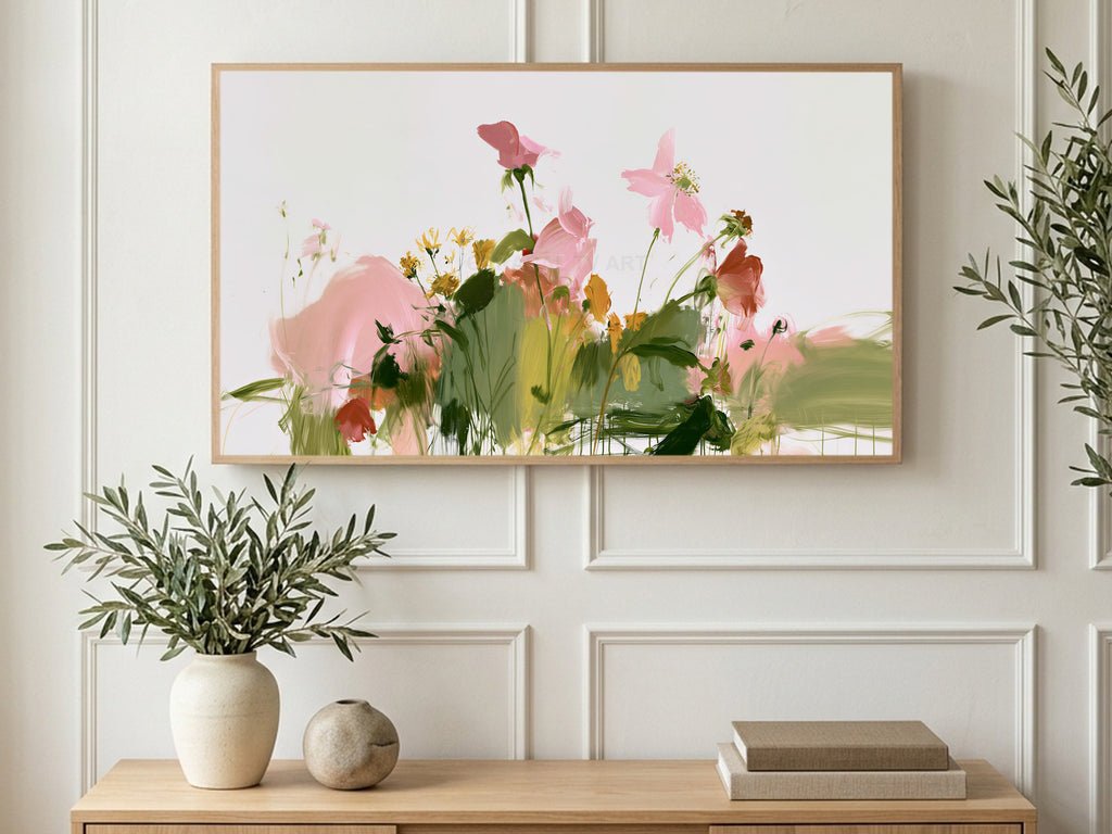Pink Brushstroke Wildflowers art on a TV in a living room