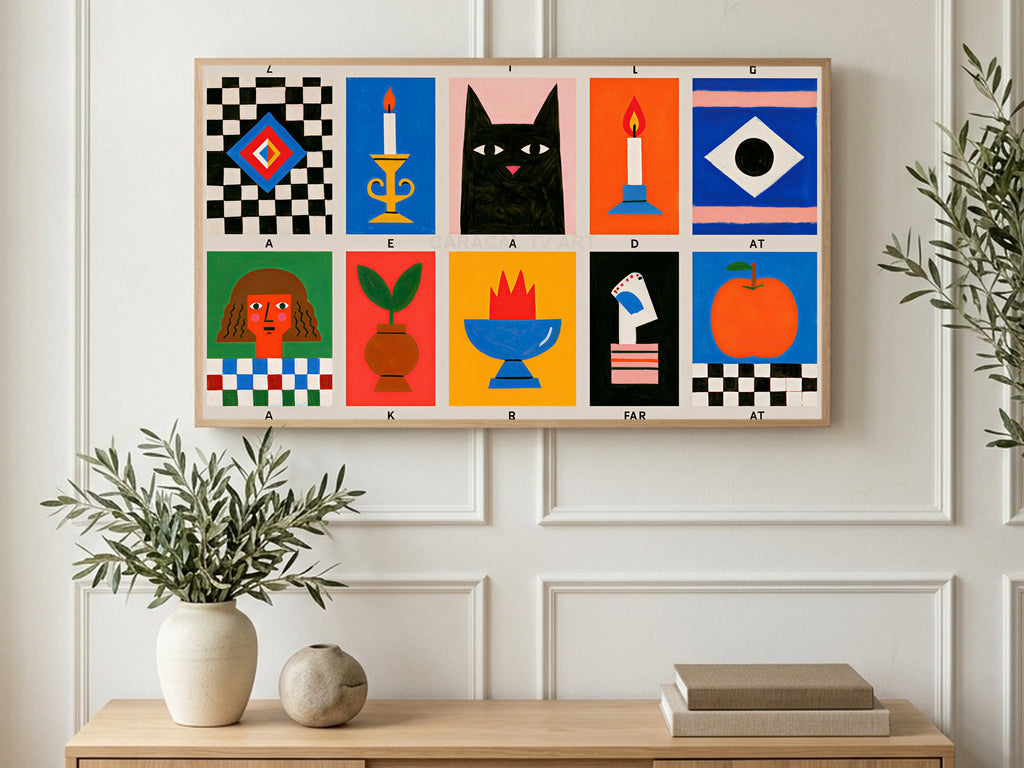 Cat and Candle Grid art on a TV in a living room