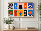 Cat and Candle Grid art on a TV in a living room