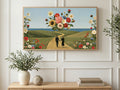 Bouquet Over the Sea art on a TV in a living room