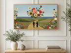Bouquet Over the Sea art on a TV in a living room