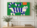 Long Tail Striped Cat art on a TV in a living room