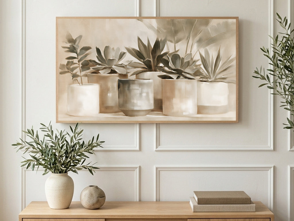 Sepia Succulent Pots art on a TV in a living room