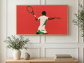 Tennis Swing Silhouette art on a TV in a living room