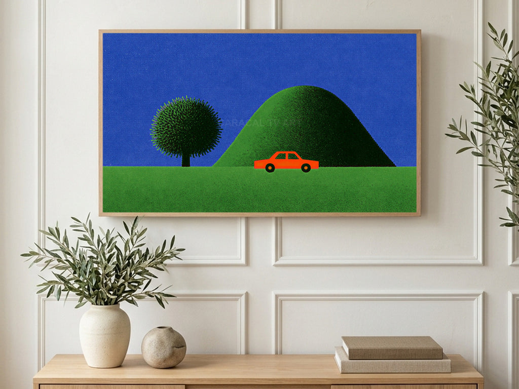 Red Car Green Hill art on a TV in a living room