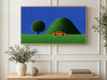 Red Car Green Hill art on a TV in a living room