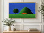 Red Car Green Hill art on a TV in a living room