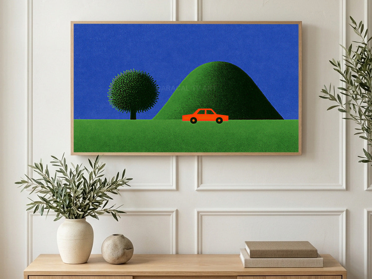 Red Car Green Hill art on a TV in a living room