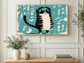 Yoga Tree Pose Cat art on a TV in a living room
