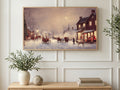 Pink Moon Sleigh Town art on a TV in a living room