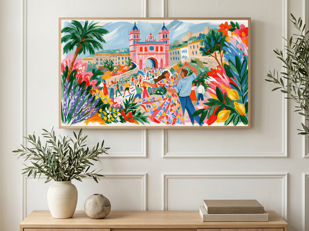 Mediterranean Town Dance art on a TV in a living room