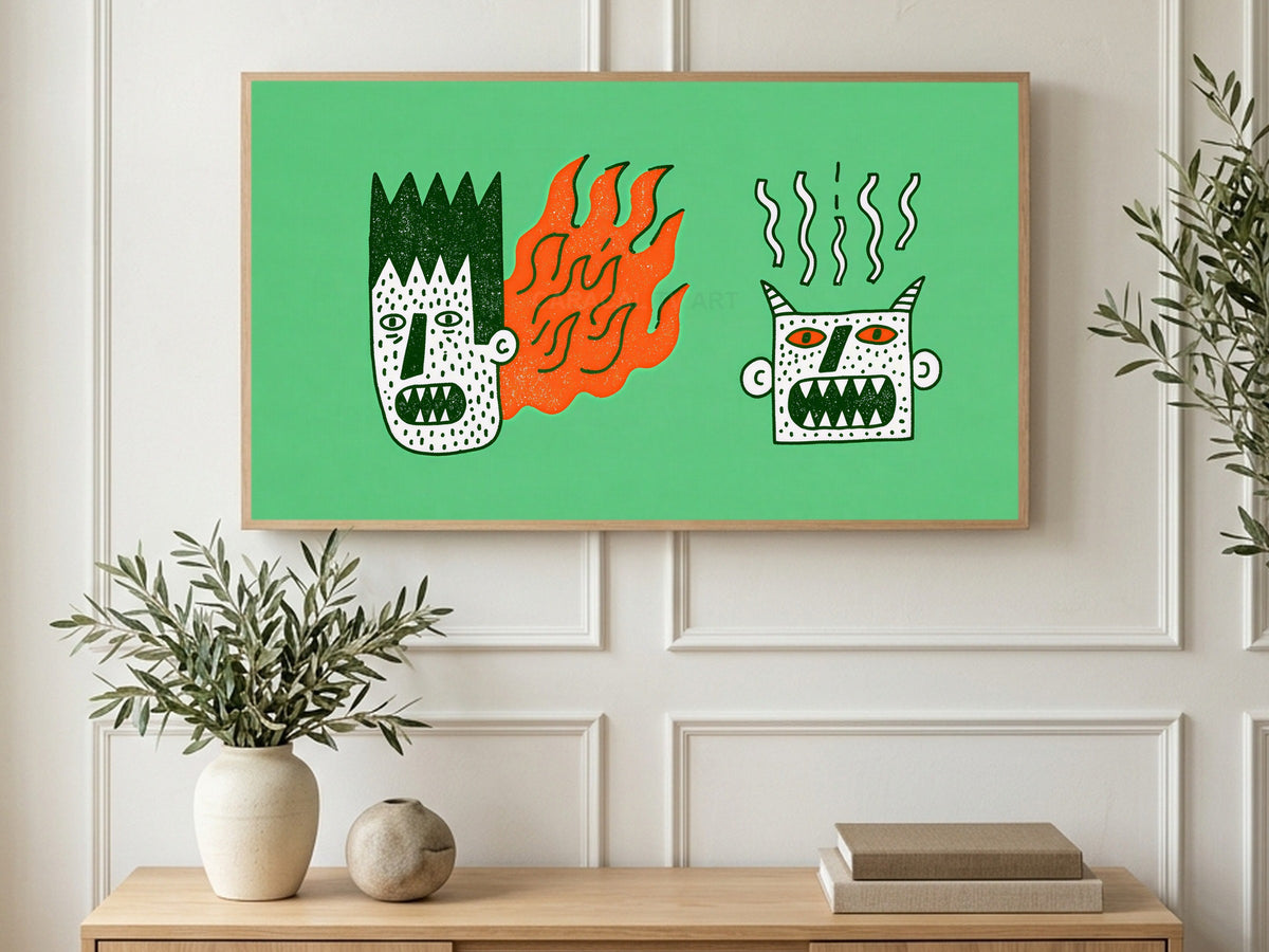 Hot Headed Monsters art on a TV in a living room