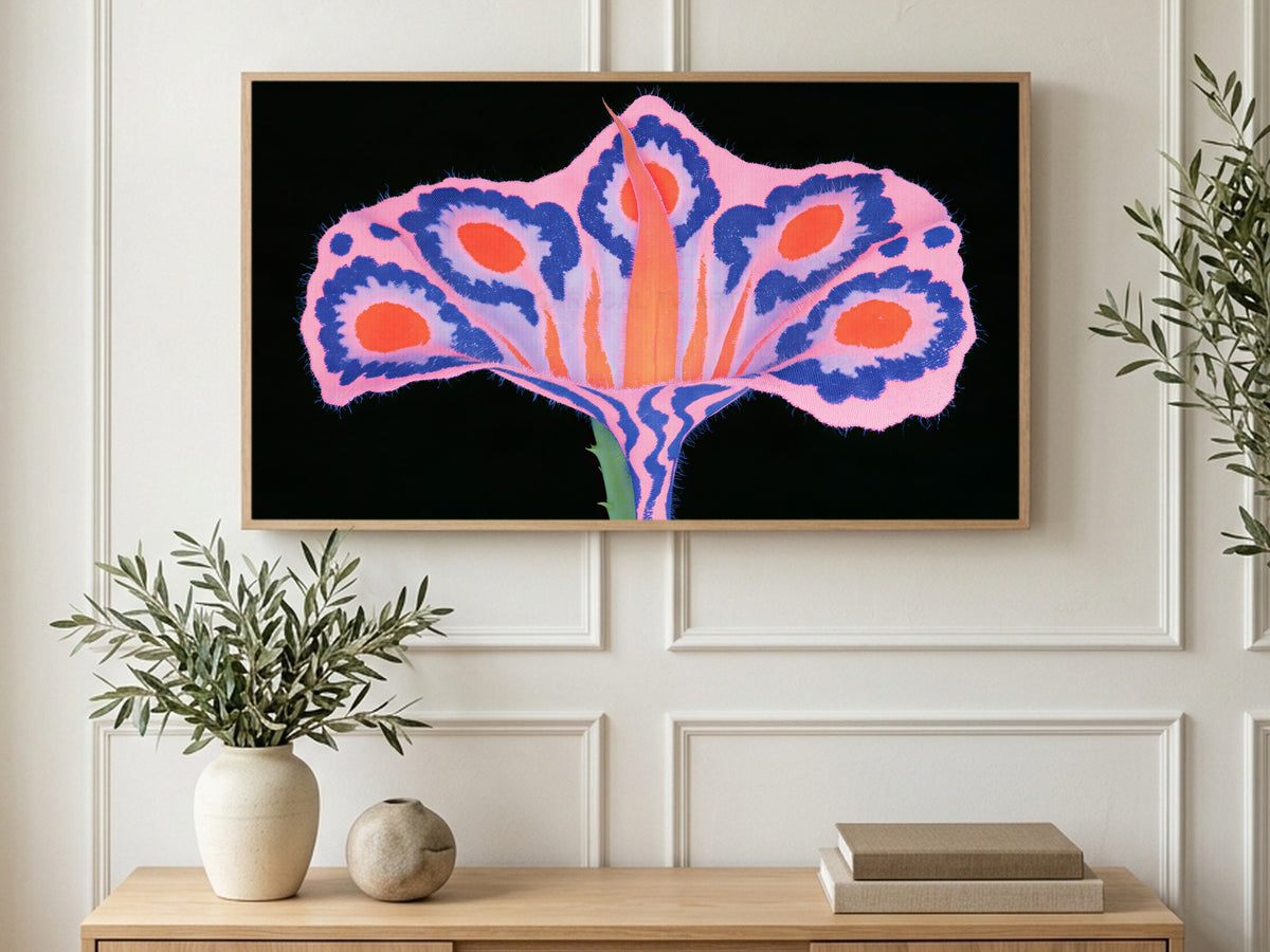 Surreal Felt Flower art on a TV in a living room