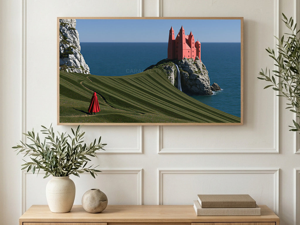 Pink Castle Sea Cliff art on a TV in a living room