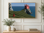 Pink Castle Sea Cliff art on a TV in a living room