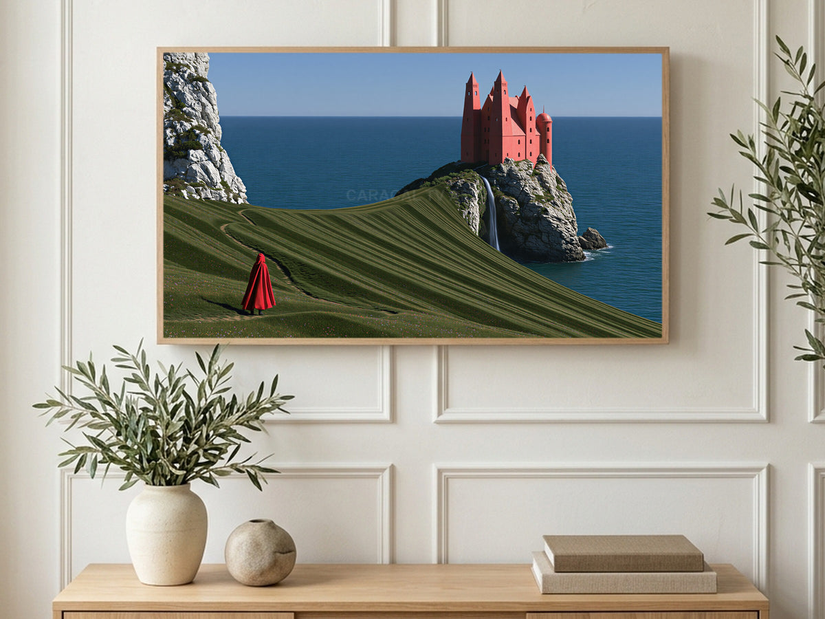 Pink Castle Sea Cliff art on a TV in a living room