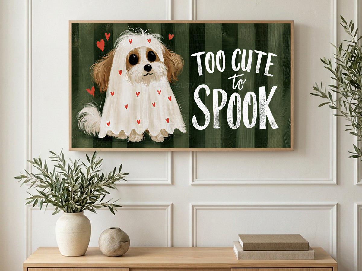 Too Cute to Spook Dog art on a TV in a living room