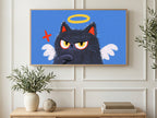 Grumpy Angel Kitten art on a TV in a living room
