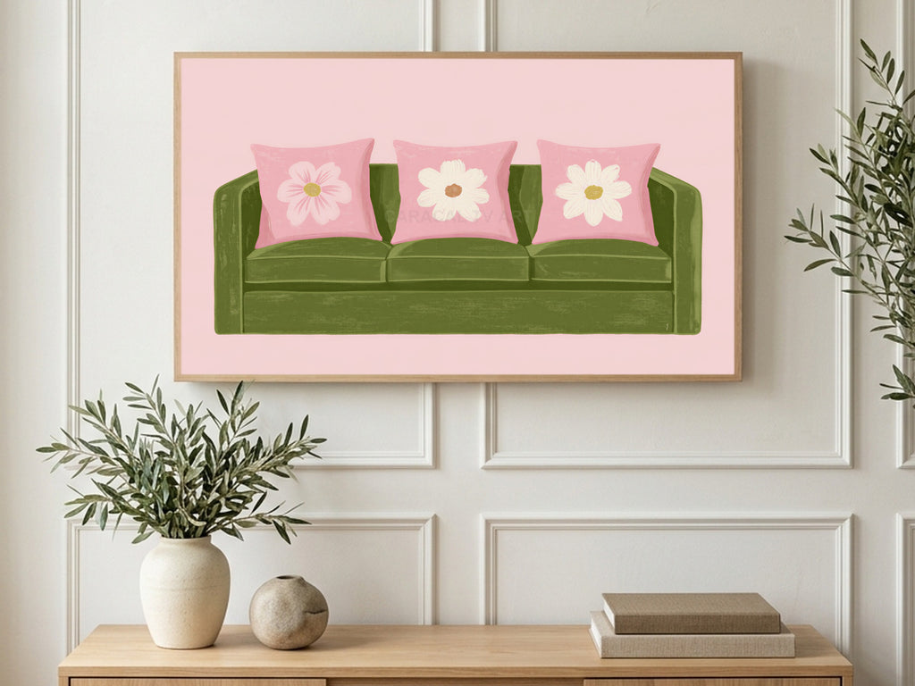 Flower Pillow Sofa art on a TV in a living room