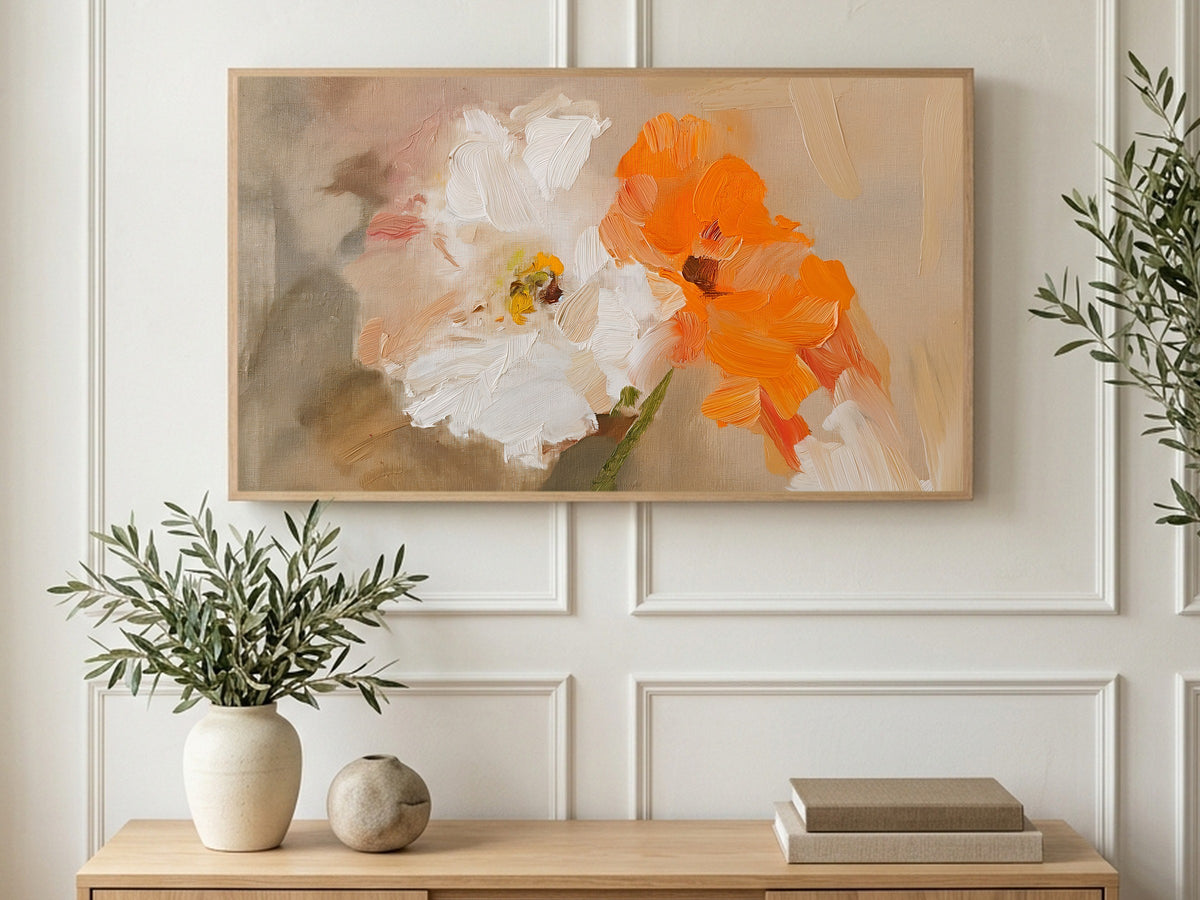 Orange and White Poppies art on a TV in a living room