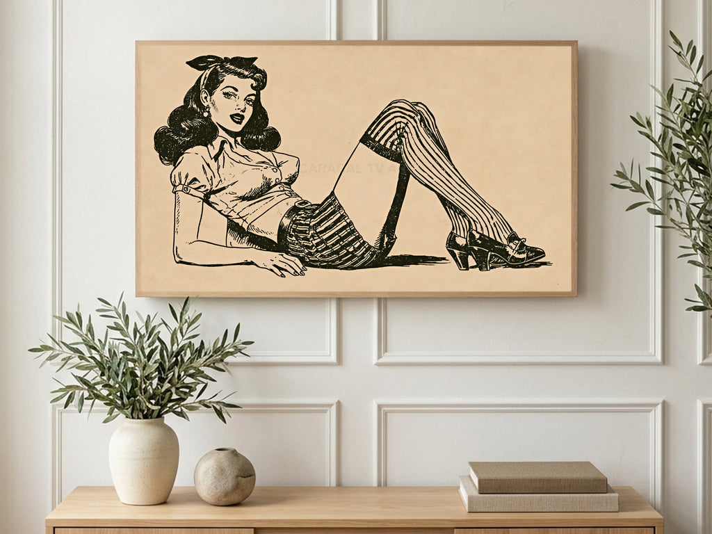 Striped Stocking Pin Up art on a TV in a living room