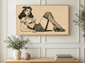 Striped Stocking Pin Up art on a TV in a living room