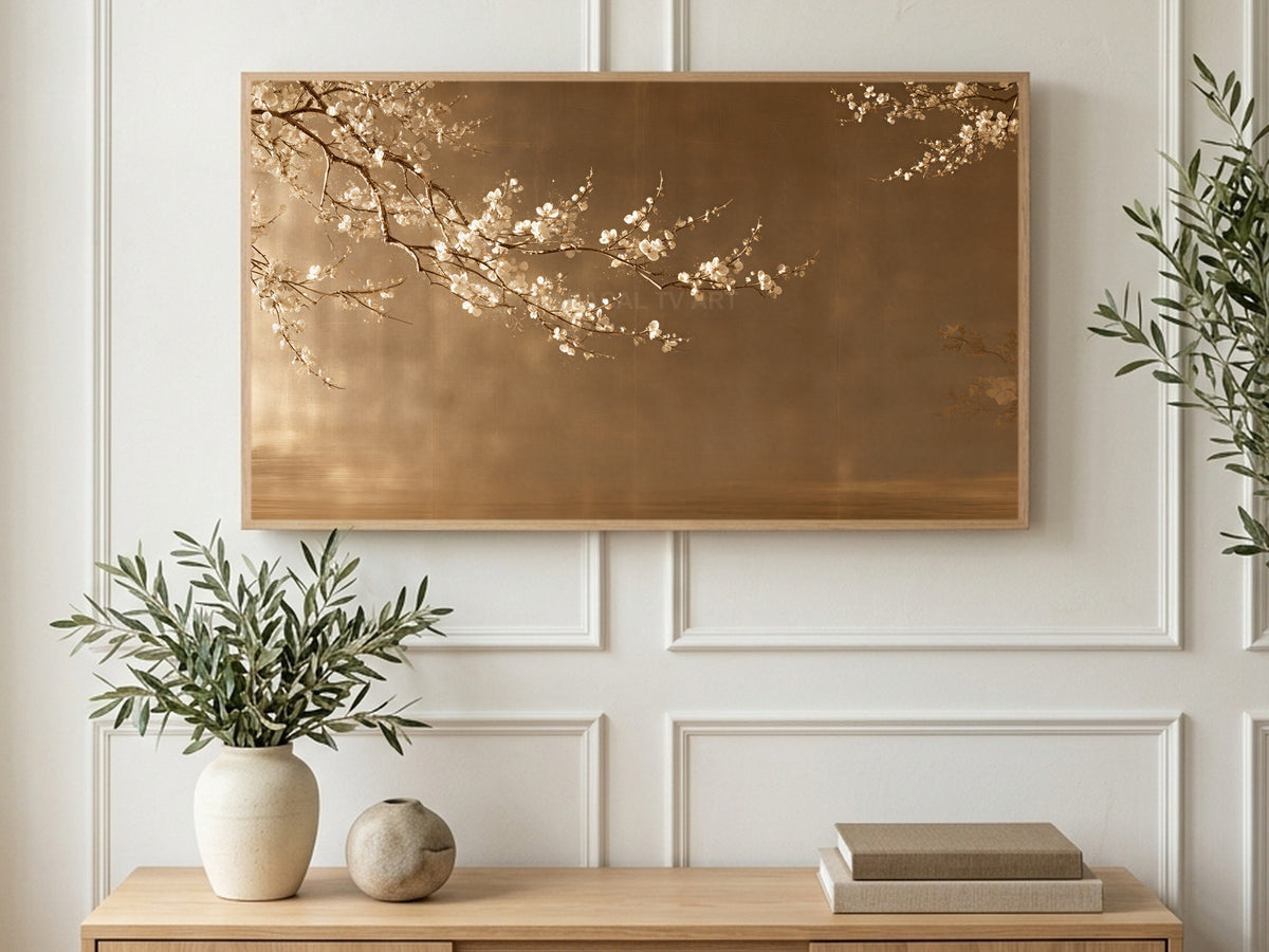 Golden Blossom Screen art on a TV in a living room