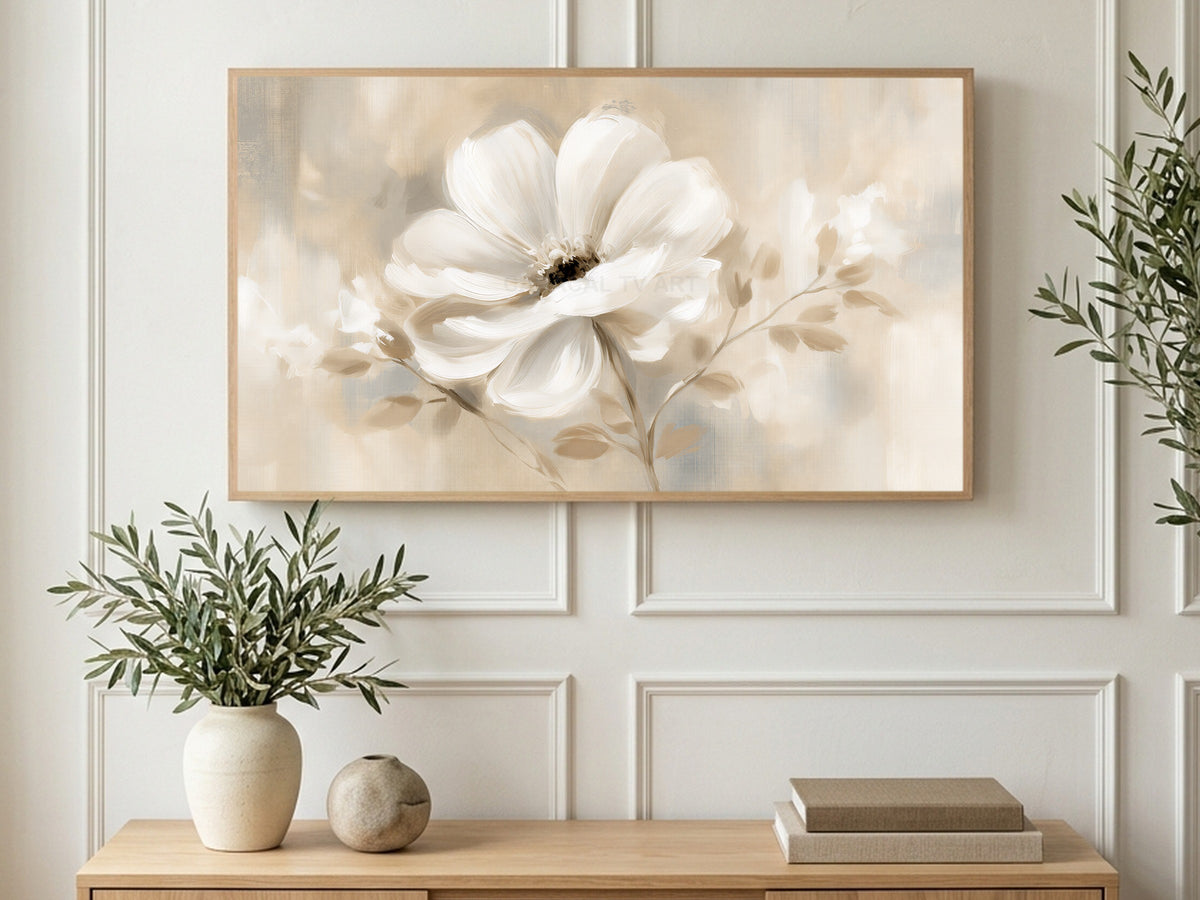 Soft White Bloom art on a TV in a living room