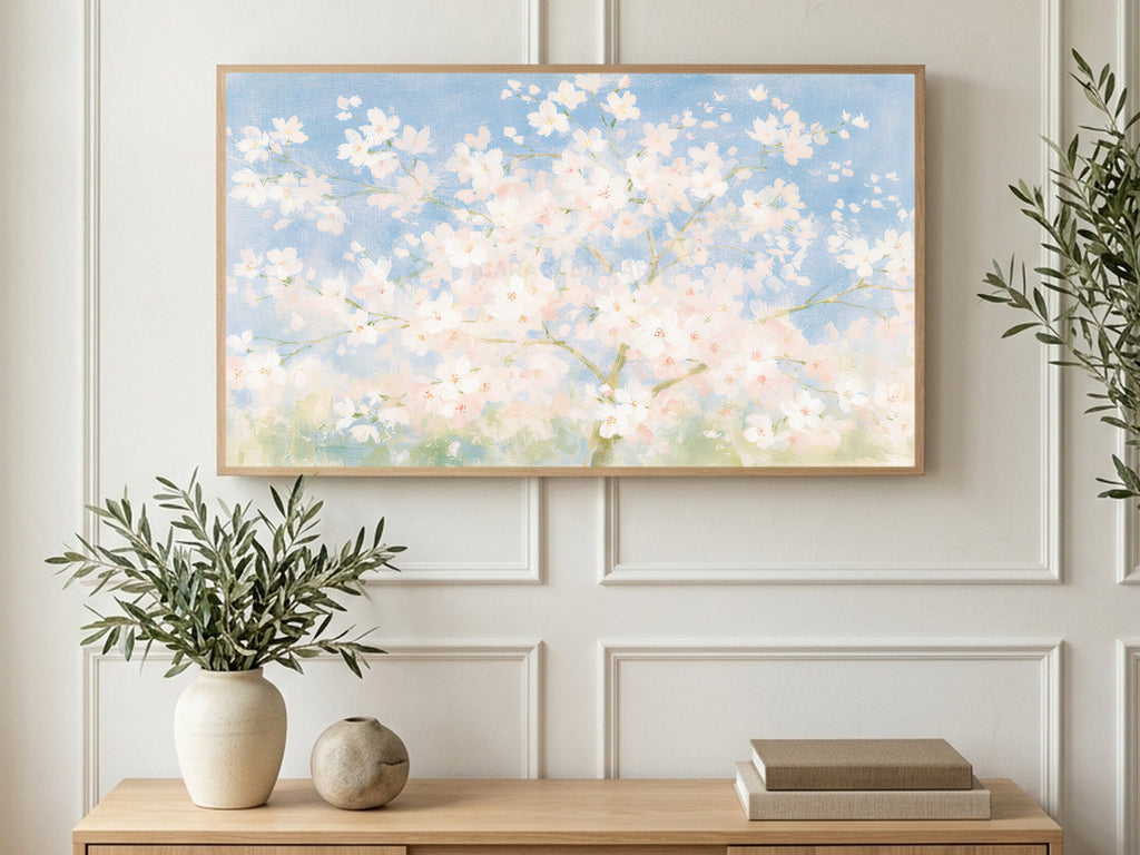 Pastel Cherry Blossoms art on a TV in a living room