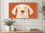 Cream Dog Face art on a TV in a living room