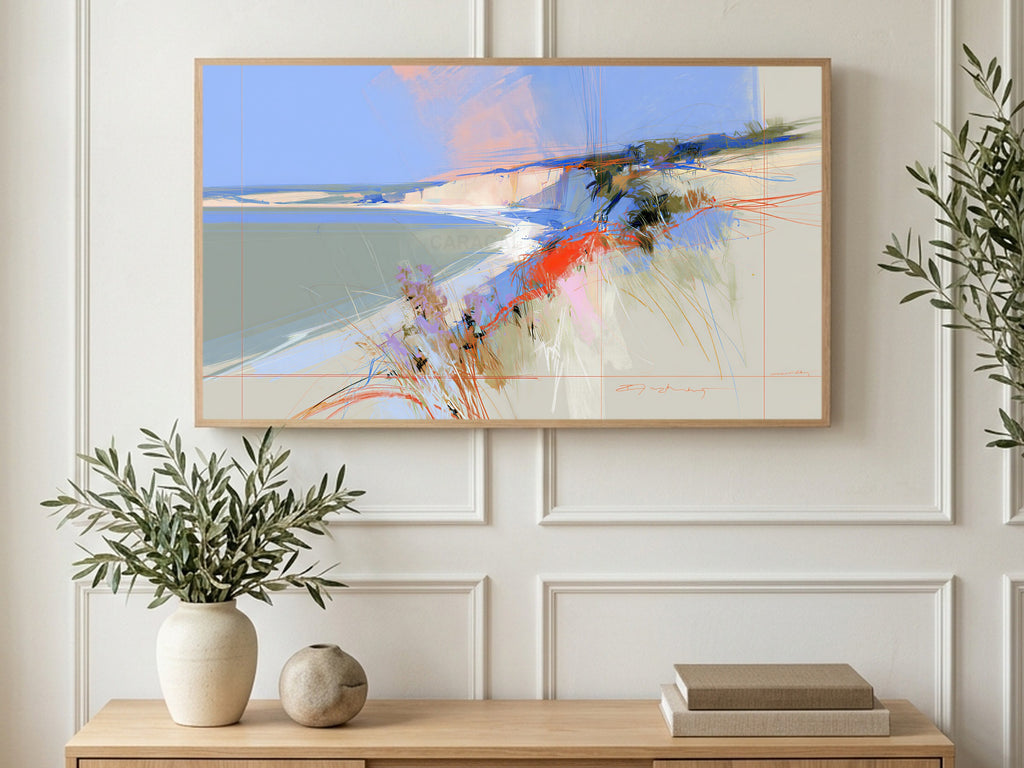 Sketchy Chalk Cliffs art on a TV in a living room