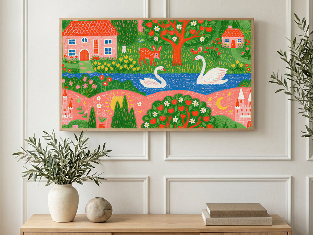 Storybook Swan River art on a TV in a living room