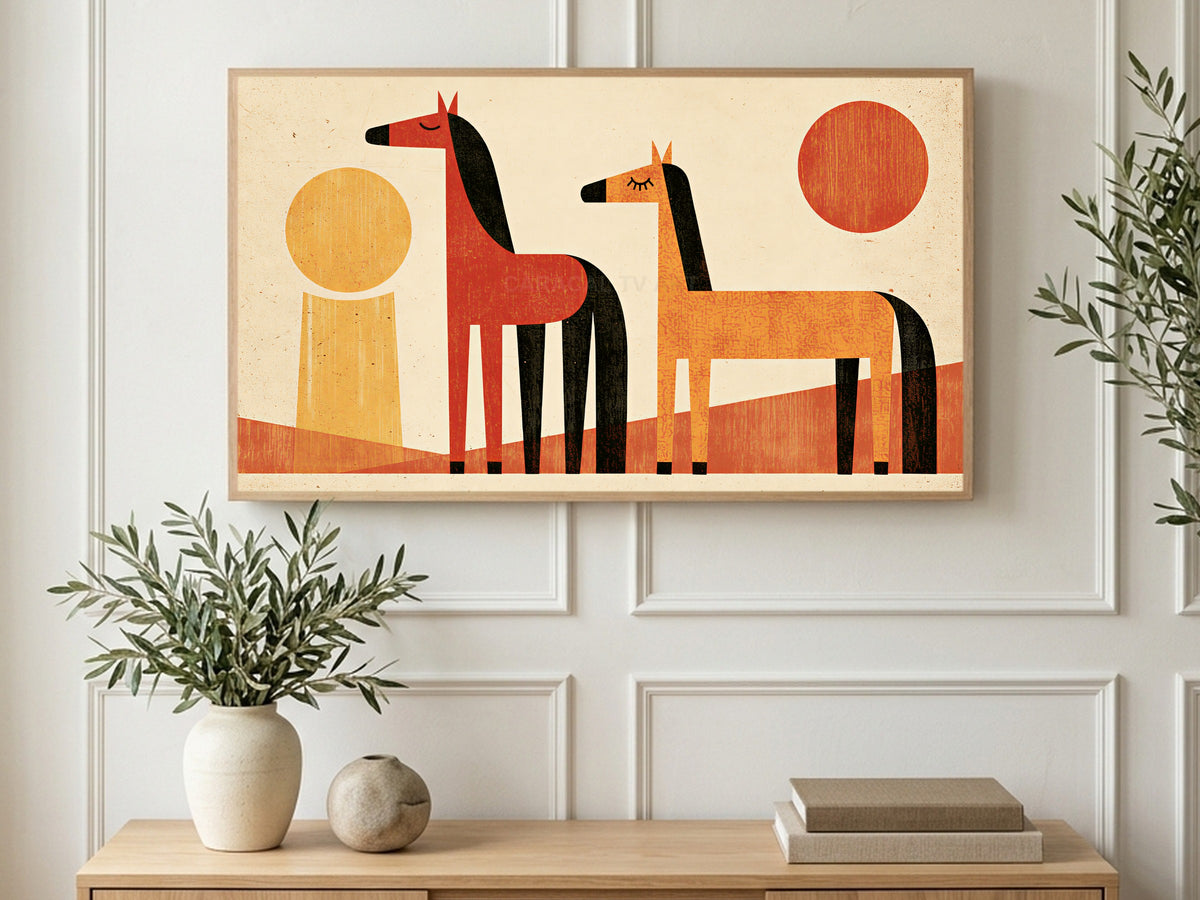 Two Horses Two Suns art on a TV in a living room