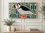 Block Print Puffin art on a TV in a living room
