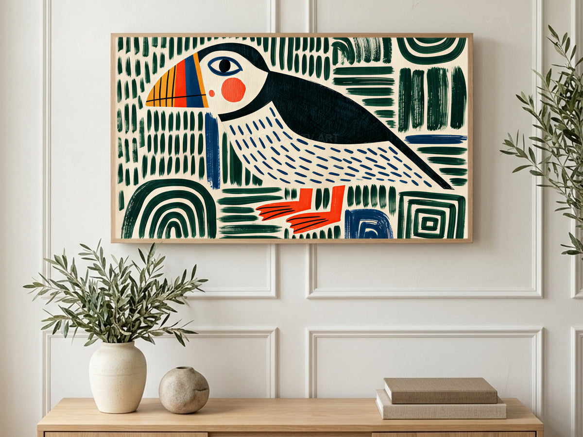 Block Print Puffin art on a TV in a living room
