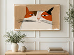 Side Eye Calico Cat art on a TV in a living room