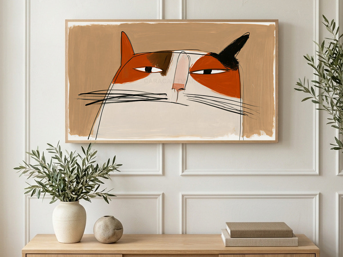 Side Eye Calico Cat art on a TV in a living room